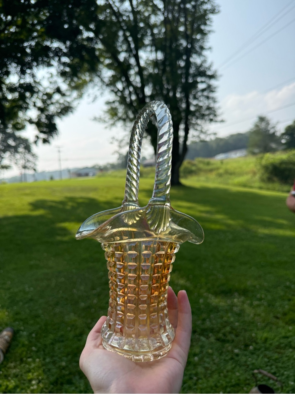 vintage Imperial Glass basket in the "Monticello" or "Waffle Block" pattern